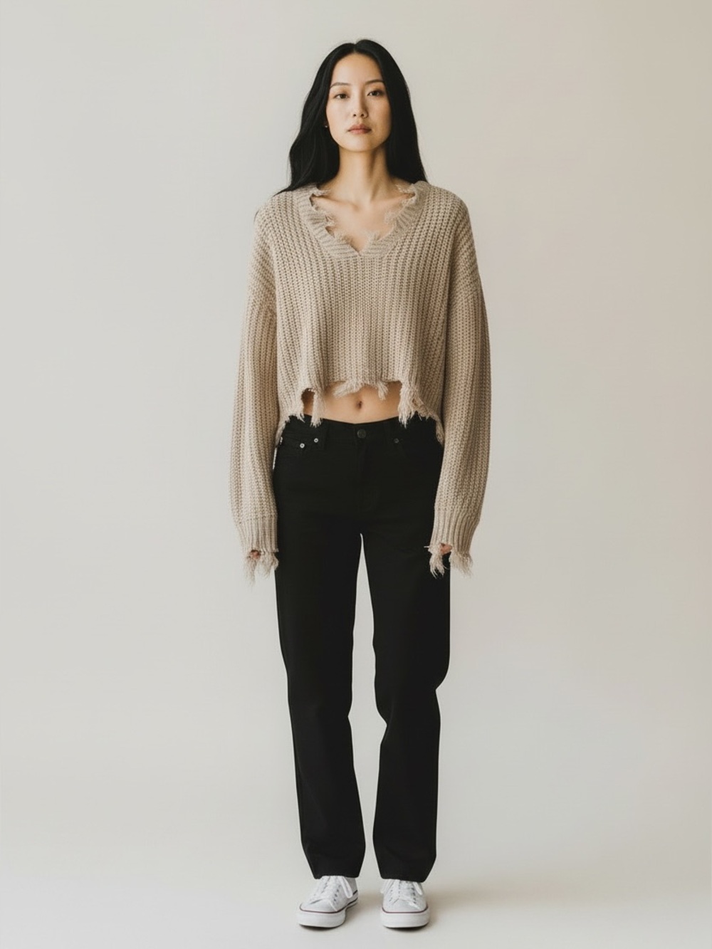 Windsor Distressed V-Neck Cropped Sweater in Taupe